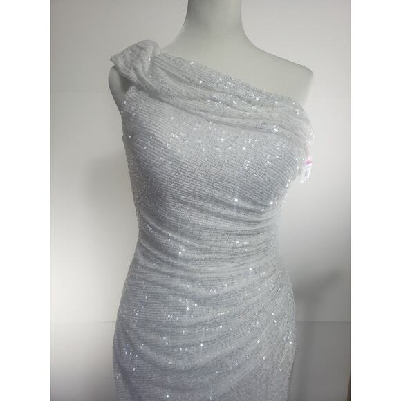 La Femme White Sequin Bodycon One Shoulder Gown sz 6 Fairy Whimsicle Romantic - Picture 5 of 11